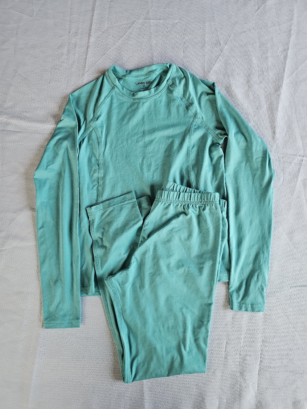 Lands End Girls Long Underwear 2 Piece Base Layer Or Pajama Set Size 10-12 Green